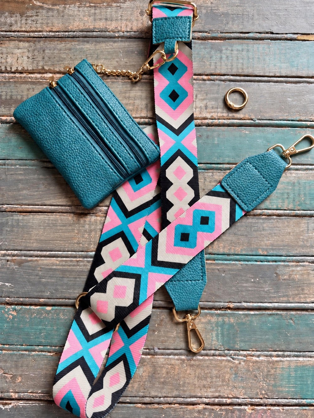Teal & Pink Geometric Phone Crossbody Strap with Mini Wallet
